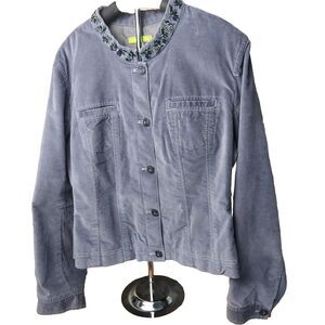 Sigrid Olsen Woman's Jacket Size 16 Blue Blazer Beaded Collar Accents Pockets